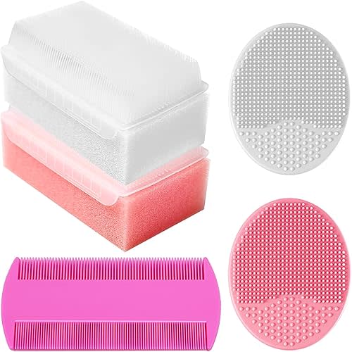 Cradle Cap Brush for Babies, Baby Bath Essentials with Silicone Scrubber Bath Sponge Dual-Sided Comb for Newborns Toddlers Boys Girls (Pink, Set of 5)