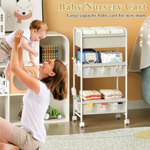 3-Tier Baby Diaper Caddy Cart Organizer,Mobile Nursery Storage Cart with Wheels,With 2 Dividers & 14 Mesh Pockets Durable Metal Utility Cart for Nursery, Bedroom, Bathroom Essentials Organization