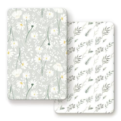 Stretchy Ultra Soft Jersey Knit Fitted Pack n Play Sheets Set 2 Pack, Portable/Mini Cribs Sheets for Girls, Watercolor Daisy Flowers