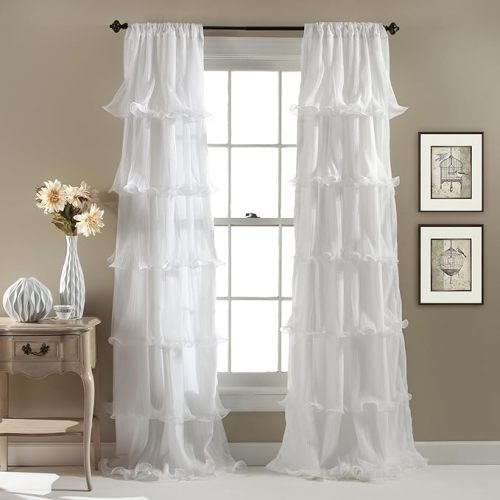 Lush Decor Nerina Light Filtering Window Panel Single 54" W x 84" L White - Ruffle Curtains for Bedroom - White Curtains for Living Room - Coquette Decor