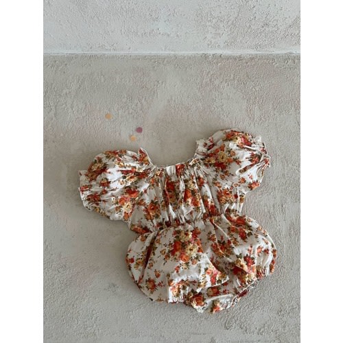 Baby Lala Floral Short Puff Sleeve Romper IVORY+ORANGE 0-6MONTHS