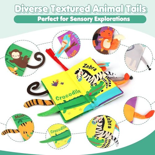 beiens Baby Books Toys, Touch and Feel Crinkle Cloth Book for Infant Baby 0-3-6-12-18 Months, Early Development Interactive Stroller Soft Toys, Shower Gifts Christmas Stocking Stuffers for Boys Girls - Jungle Tails-1 Book