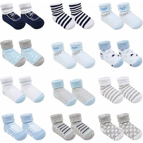 Baby Socks 12 Pairs - Non-Slip Infant Grip for Newborns & Toddlers 6-12 Months, Boys & Girls, Safe for Walking