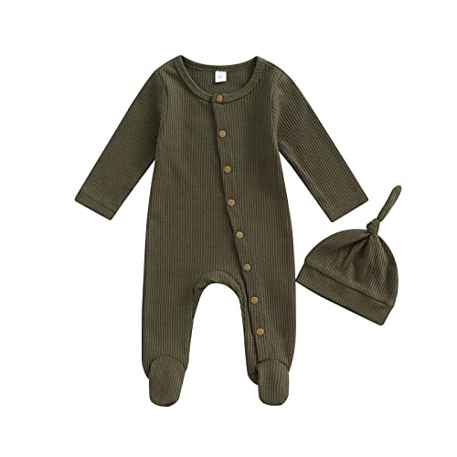 Xiaodriceee Newborn Infant Baby Boy Girl Fall Winter Clothes Long Sleeve Button Waffle Knit Footed Romper Hat 2Pcs Outfit