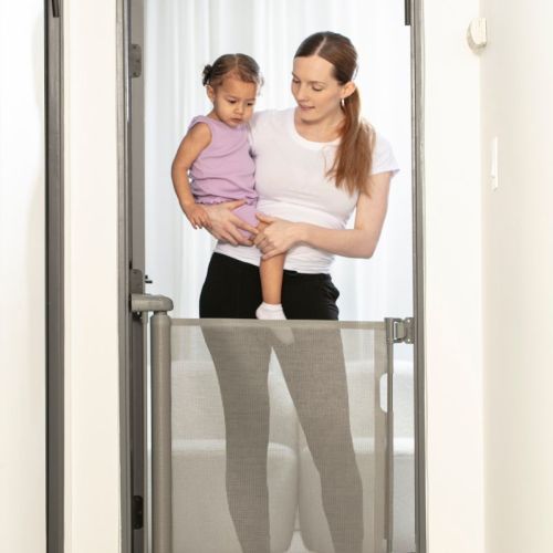 Retractable Baby Gate Gray For Stair And Doorway, 33" Tall Extends Up To 55" Easy-to-install Gray Retractable Mesh Baby Gate, Hardware Mounting Kit