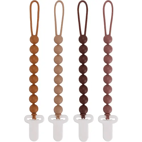 4-Pack Pacifier Clips with One-Piece Beads for Baby Boys and Girls - Baby Essentials, Flexible and Rust-Free Holders for Teething Relief, Safe for Newborns (Brown), Silicone