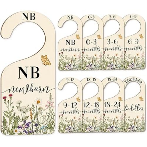 Whaline 8Pcs Wildflower Baby Closet Size Dividers Vintage Floral Leaves Hanging Wood Baby Closet Organizer Newborn to 24 Months Thicken Baby Wardrobe Organizer for Home Nursery