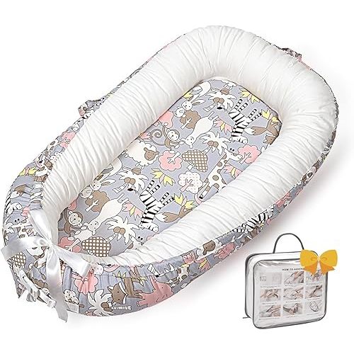 Baby Lounger-Breathable and Soft Organic 100% Cotton, Portable Infant Lounger with Removable Lounger Cover, Floor Lounger for Newborn - Sheep Monkey