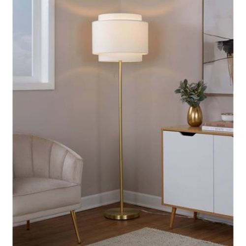 LumiSource Tier 64" Contemporary Metal Floor Lamp Gold Metal with Off-White Linen Shade