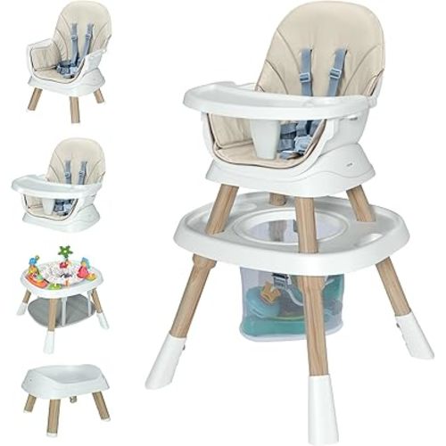 Baby High Chair with Activity Center, 8-in-1 Convertible High Chairs for Babies and Toddlers with Baby Toys, Highchair for Ages 6-120 Months - White Wooden