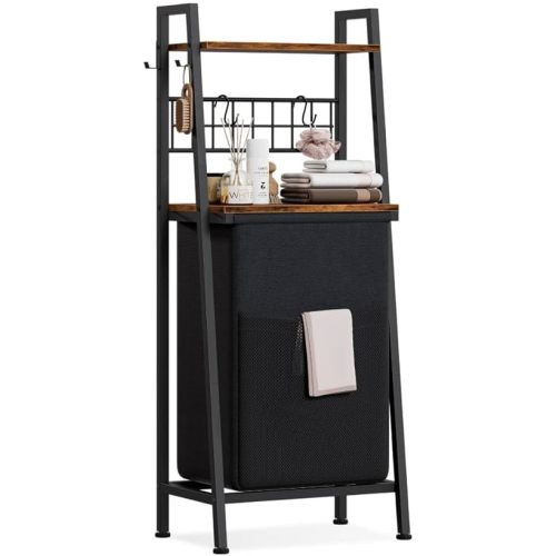 Furnulem 2 Tiers Laundry Hamper with Wooden Shelf and Hooks, Vertical Laundry Basket with Pull-Out and Removable Bag, Clothes Hamper with Divided Bag for Bathroom, Bedroom, Dorm