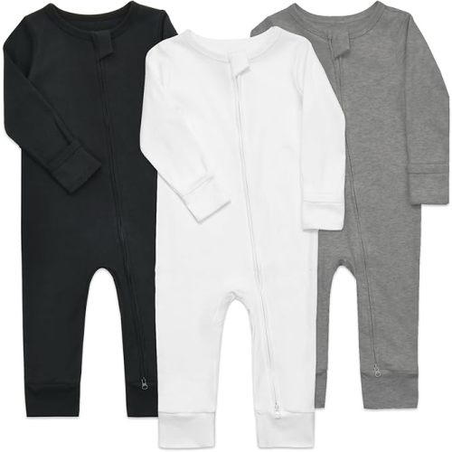 Aablexema 3-Pack Organic Cotton Baby Footless Pajamas with Mitten Cuffs, 2-Way Zipper Romper Sleepers