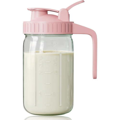 Hltser Breast Milk Pitcher Mason Jar 32 oz Heavy Duty Wide Mouth Jar with Flip Cap Lid and Pour Spout - Airtight Seal for Freshness and Convenience - Great for Cold Beverages and Ente