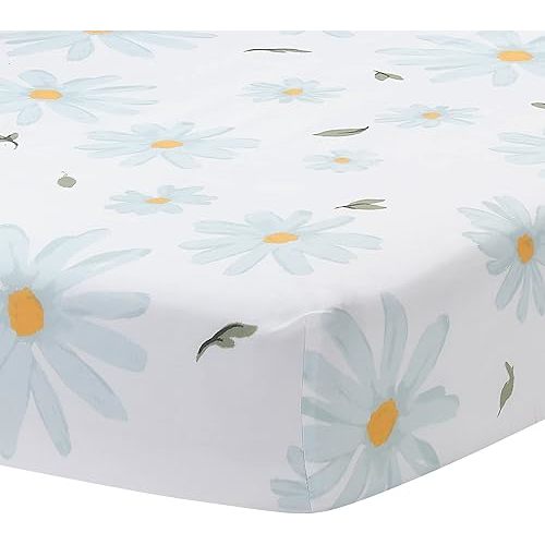 Lambs & Ivy Sweet Daisy 100% Cotton White/Blue Floral Baby Fitted Crib Sheet