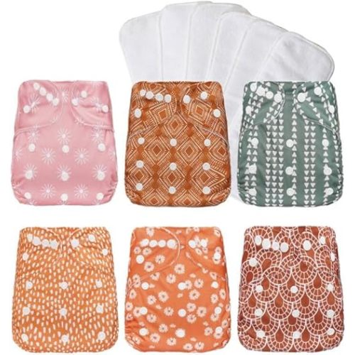 Washable Reusable Cloth Diapers for Babies, Adjustable Baby Cloth Diapers Newborn,6 Pack Pocket Diapers with 6Pcs Microfiber Inserts (Flower Geometry)