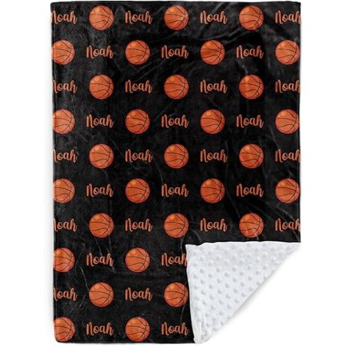 Custom Basketball Blanket - Personalized Name with Basketball Patterns - Soft Plush Flannel Blanket with Double Layer Dotted Backing for Baby Toddler Kids Teen Boys Girls Gifts Black