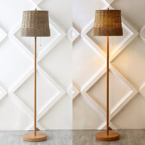 JONATHAN Y do 61" 2-Light Coastal Bohemian Iron/Rattan LED Floor Lamp with Pull-Chain, Brown Wood Finish