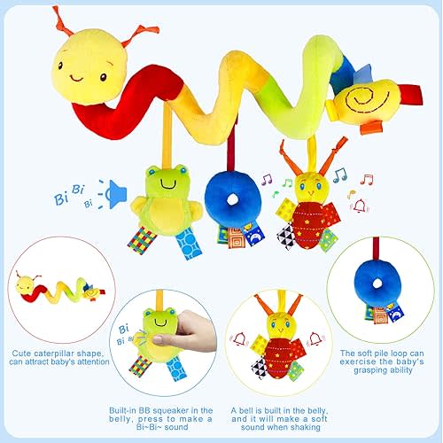 Spiral Car Seat & Stroller Activity Toy - Baby Sensory Toys Soft Hanging Toys for Babies 0-12 Months Boys Girls Carseat Crib Stroller, with Ringing Bell