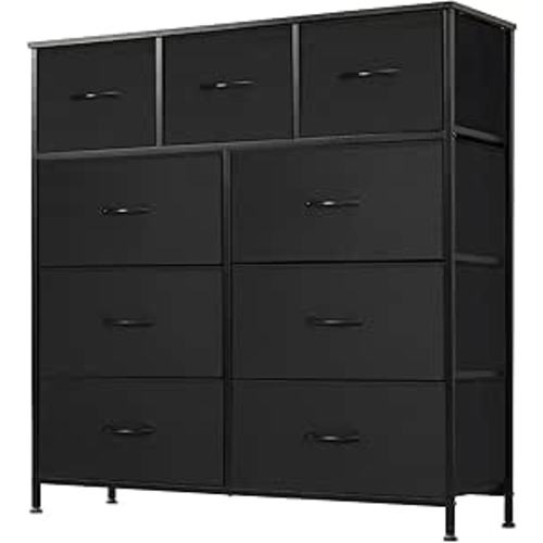 DUMOS Dresser for Bedroom, Storage Organizer with 9 Drawers, Chest of Drawers with Fabric Bins, Sturdy Metal Frame, Wood Tabletop for Guest Room, Closet, Entryway, Nursery