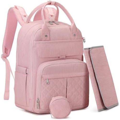 MOONBABY Diaper Bag Backpack, Baby Diaper Bags with Portable Changing Pad and Pacifier Case, Multifunctional Travel Diaper Backpacks, Unisex Baby Bags, Pink