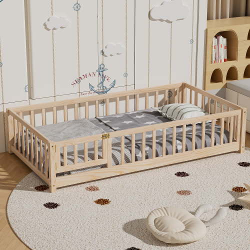 Twin Floor Bed Frame, Montessori Floor Bed with Fence and Wood Slats, Natural
