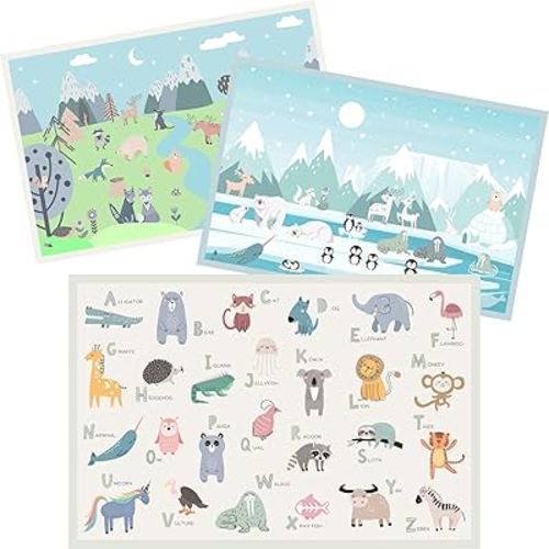 Hippypotamus Disposable Placemats Baby - Pack of 45 BPA Free Table Toppers for Kids and Toddlers - Extra Sticky Travel Mat for Restaurant (Nordic Animals)