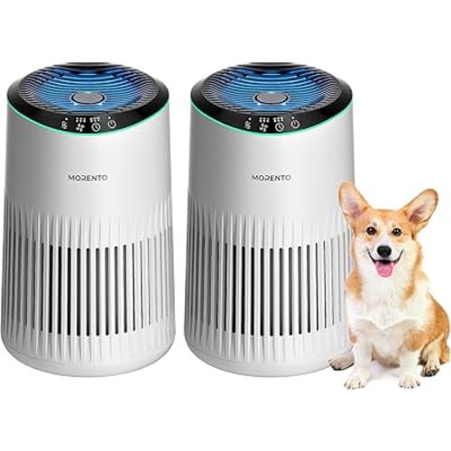 Air Purifiers for Bedroom Home with Sleep Mode for Smoke Pet Dander Odors, Small Air Purifier with Fragrance Sponge, Blue Ambient Light, 23dB Quiet, 2 Pack White