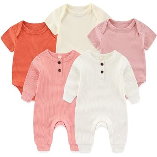 Newborn Baby Boy Girl Romper 5 Pack Ribbed Bodysuit One-Piece Outfit Clothes 0-12 Month