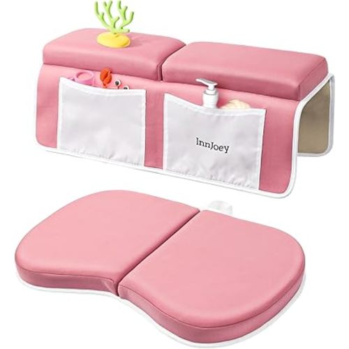 Odor-Free Baby Bath Kneeler and Elbow Rest Pad Set, 1.6'' Thick, Quickly Dry, Bathtub Kneeler Pad with Baby Toys & Bath Accessories Storage, Bath Kneeling Pad and Elbow Pad for Baby Tub(Pink)