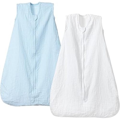 PHF 100% Muslin Cotton Baby Sleep Sacks, 6-12 Months Sleep Sack with 2-Way Zipper, 2 Pack Cooling Unisex 0.5 TOG Breathable Medium Size Sleeveless Baby Wearable Blanket, White & Blue
