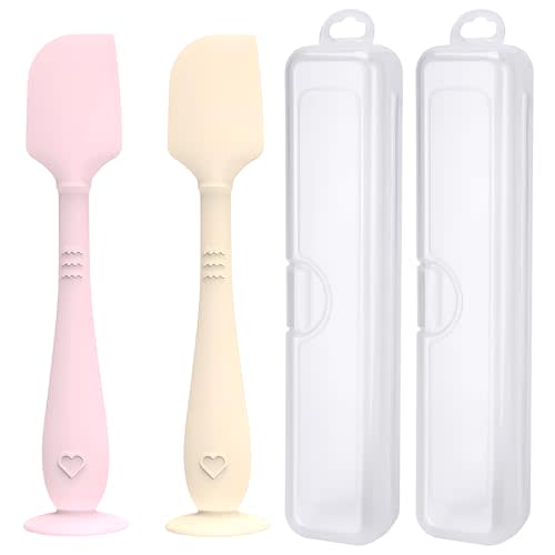 2 Pack Diaper Cream Spatula with Hygienic Travel Case, Butt Spatula Baby with Suction Base, Baby Butt Paste Spatula, Soft Silicone Diaper Rash Cream Applicator Large Size (Pink & Offwhite)