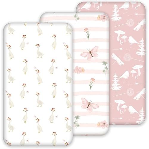 Nap Mat Sheet 47"x24", 3 Pack Pink Floral Baby Crib Sheets Fitted Elastic Corners, Preschool Day Care Rest Mat Cover, Soft Breathable - Compatible with Regalo My Cot, Joovy Travel Cot