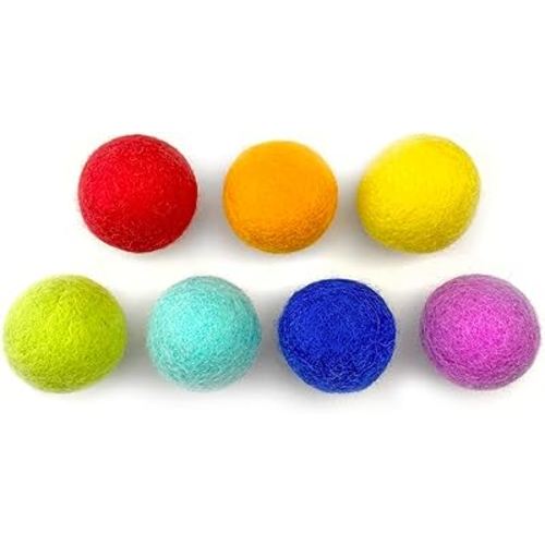 Rainbow Large Felt Balls | Montessori Wool Pom Poms for Baby, Crafts, Cats, Essential Oils, Felting & Garland | 7 ROYGBIV Colors | 4 CM (1.75-2") Jumbo Size | Muslin Storage Bag