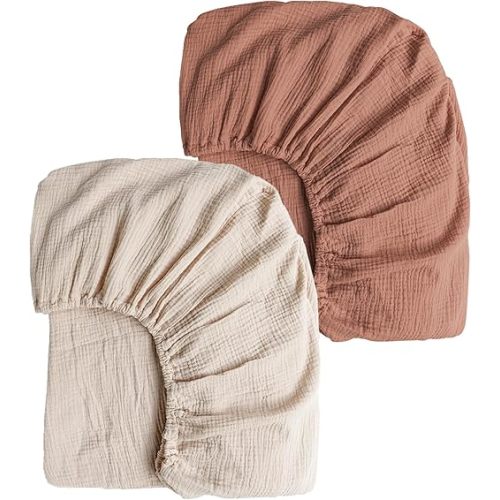 Konssy Muslin Crib Sheets for Girl Boy, 2 PCS Soft and Breathable Cotton Baby Sheets for Standard Crib Mattress, 52"x 28" (Chestnut, Cream)