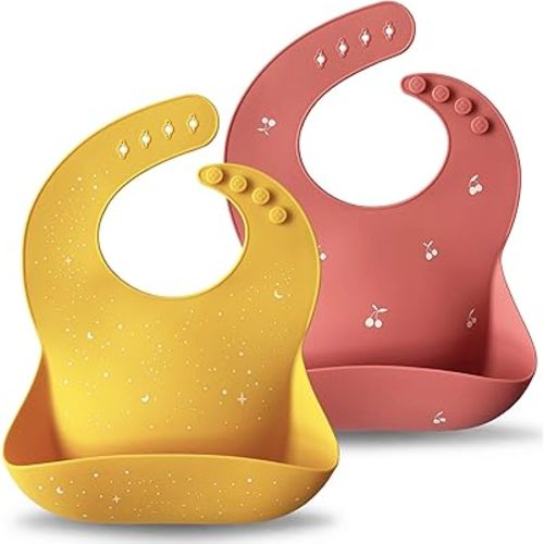 Moonkie Silicone Baby Bibs Set Of 2 | BPA Free Waterproof | Soft Flexible Adjustable Silicone Bibs for Babies & Toddlers(Mustard/Warm Pink)