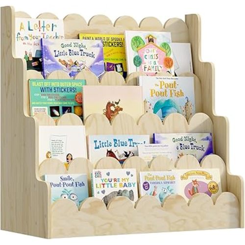 4 Tier Scalloped Kids Bookshelf Natural Wood Toddler Book Rack Nursery Bookcase Playroom Coloring Book Magazine Display Storage Shelf Organizer Classroom Library Homeschooling (Natural Wood)