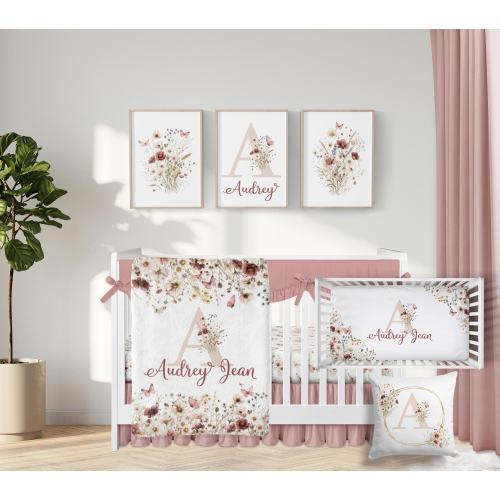 Wildflower Nursery Bedding, Boho Floral Crib Bedding Set Girl, Baby Bedding Set, Butterfly Crib Bedding Girl, Baby Girl Nursery Bedding 363