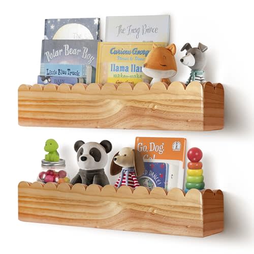 Green Goods Supply Set of 2 Pre-Assembled Floating Nursery Book Shelves, Scalloped Book Shelf - Kids Wall Bookshelf, Nursery Decor, Floating Shelves for Wall (24 inches)