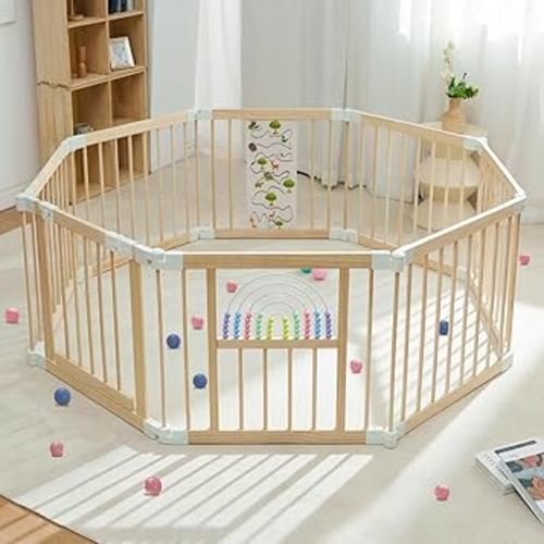 Baby Playpen - Adjustable Multi-Shape Wooden Play Yard, Portable Collapsible Activity Center with Baby Fence Play Area & Toys for Infants, Toddlers (54x54x24inch