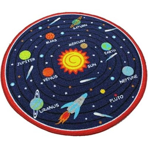 HUAHOO Blue Solar System Kids Area Rug Educational Learning Carpet Fun Rug Children Area Rug for Playroom & Nursery - Non Skid Gel Backing (39" Round, Round Solar System)
