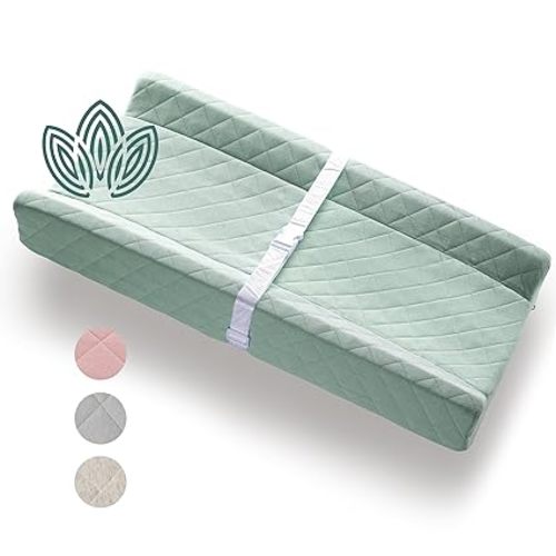Organic Cotton Contoured Baby Changing Pad w/Waterproof Foam Mattress, Includes Soft, Removable & Washable Cover, Safety Strap, Non-Slip Bottom, Topper for Standard Size Infant Diaper Table & Dresser