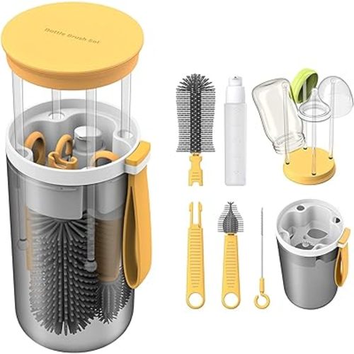 Portable Baby Bottle Brush Travel Set Cleaner, Travel Bottle Cleaning Kit Baby Essentials Newborn Silicone Nipples Cleaning Brushes and Portable Baby Bottle Drying Rack Set Mini Washing Kit Cleaner