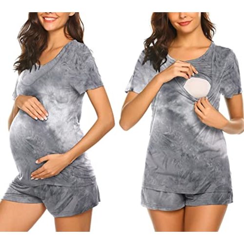 Ekouaer Maternity Nursing Pajamas Set Short Sleeve Breastfeeding Sleepwear Double Layer Postpartum Top and Shorts Set
