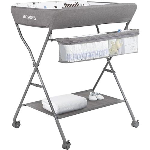 Baby Changing Table with Wheels, Maydolly Portable Adjustable Height Folding Diaper Station with Nursery Organizer & Storage Rack for Newborn Baby and Infant (Light Grey)