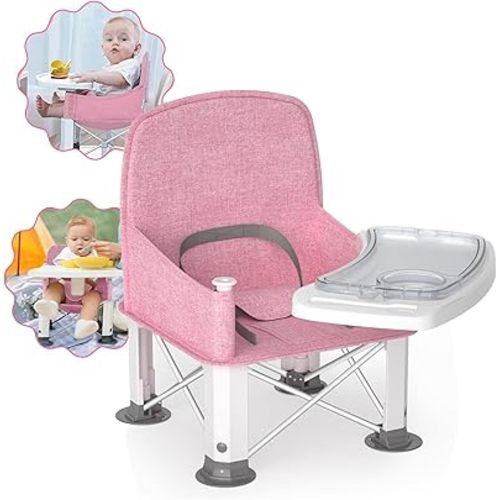 Baby Travel Booster Seat with Double Tray, BabyBond Upgraded Toddler Portable Baby Chair, Booster Seat for Dining Table, Stable and Foldable Booster Baby Chair for Indoor/Outdoor (Pink)