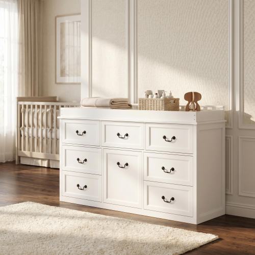 Nursery Dresser Changing Table Combo, 58.7 Inch Solid Wood Baby Changing Station Storage Cabinet & Safety Rail Dresser