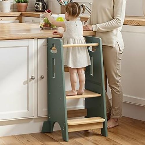 COSYLAND 3 Levels Adjustable Toddler Standing Tower - 33.5IN/85CM Stable Kids Kitchen Step Stool with Protective Crossbar - Wooden Toddler Kitchen Stool Helper(Green & Natural)