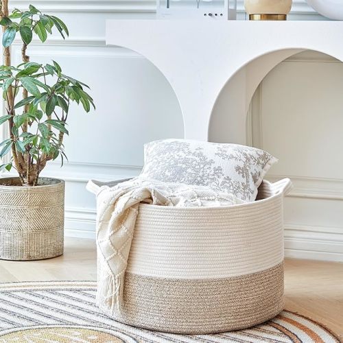 Extra Large Cotton Rope Basket 22" x 14" - Toy Basket for Kids -Blanket Basket for Living Room - Woven Baskets for Storage - White + Beige
