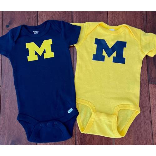 Michigan Wolverines Onesie Bodysuit Handmade Block M University of Michigan Navy Maise Yellow GoBlue UofM U of M Boy or Girl Baby Neutral
