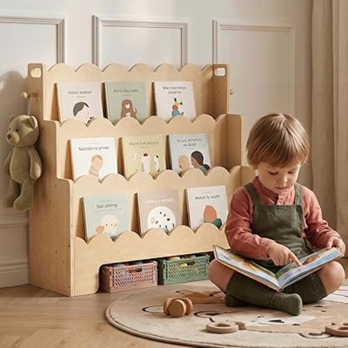 Scalloped Kids Bookshelf, 3-Tier Wooden Bookshelf for Kids' Room, Toddler Book Organizer and Montessori-Style Bookcase Display Shelf for Nursery, Bedroom, Playroom and Reading Corner